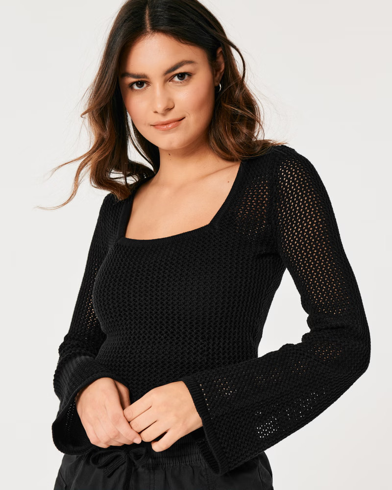 Long-Sleeve Square-Neck Crochet Sweater | Hollister (US)