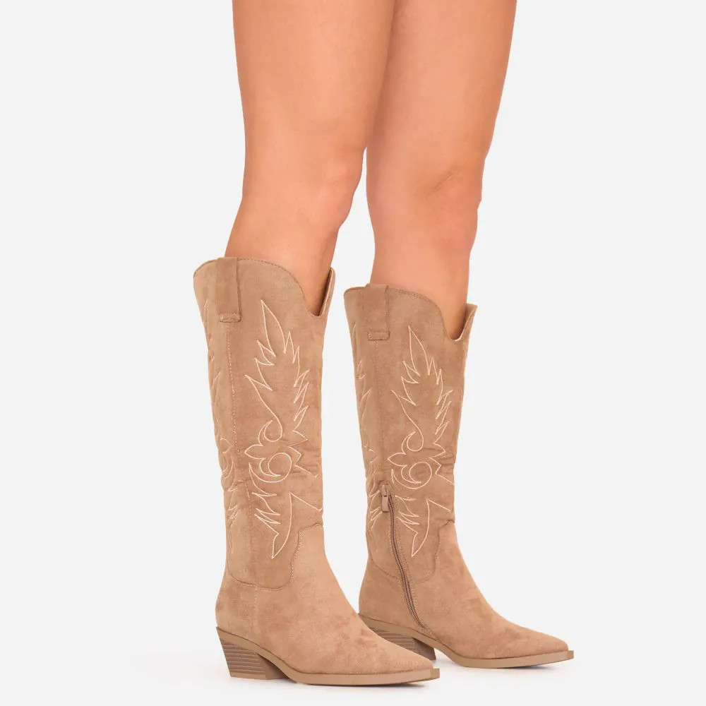 Mandi Embroidered Detail Knee High Long Western Cowboy Boot In Taupe Faux Suede | EGO (UK)