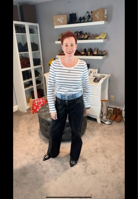 Striped Tee
Double waist jeans
Flat
Spring look

#LTKSpringSale