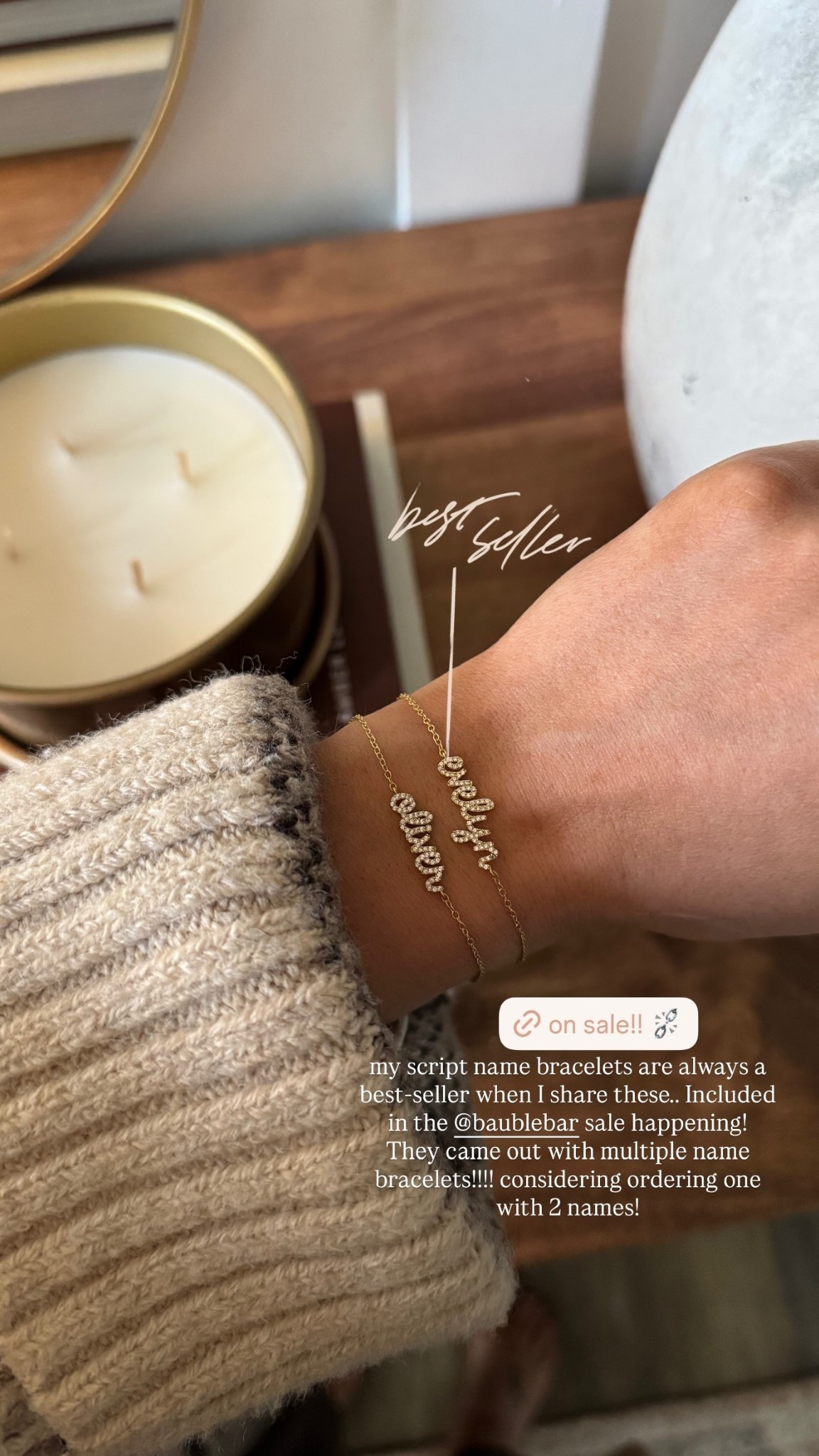 my script name bracelets are always a best-seller when I share these…. Included in the @baublebar sale happening! They came out with multiple name bracelets!!!! considering ordering one with 2 names!