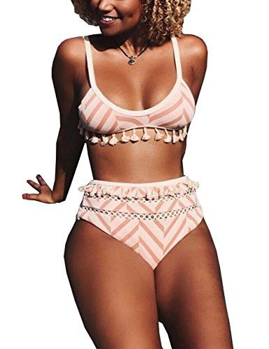 Minesiry Women's Two Piece Push up Tassel High Waisted Bikini Swimsuit Set Bathing Suit (Pink, M) | Amazon (US)
