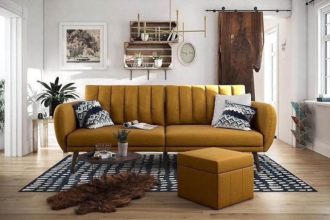 Novogratz Brittany Sofa Futon, Premium Linen Upholstery and Wooden Legs, Mustard Linen | Amazon (US)