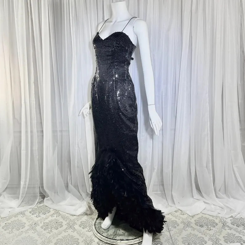 vintage evening dress gown, LILLIE RUBIN 1980s Black Sequin Feather Trim slip gown | Etsy (Global)
