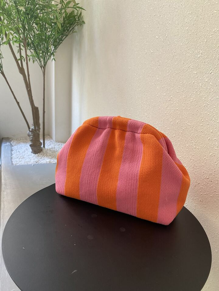 Classic Retro Old-money Style Striped Knitted Clutch Bag With Snap Closure For Vacation
         ... | SHEIN