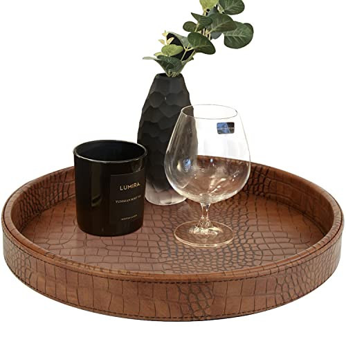 HofferRuffer Faux Leather Round Serving Tray, Vegan Croco Leather Decorative Food Tray for Storage Drinks, Snack & Cosmetics, Dia.12'' x 1.6'' (Antique Brown) | Amazon (US)