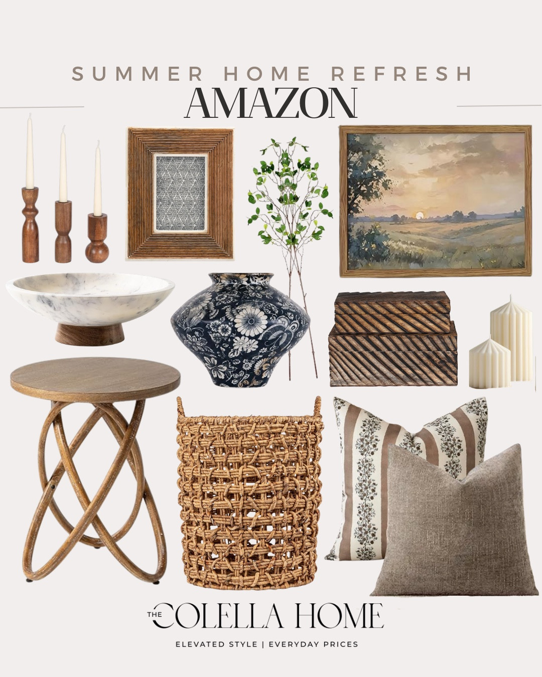 Summer home refresh includes throw pillows, pillar candles, basket, decorative boxes, vase, greenery stems, wall art, frame, side table, decorative bowl, candlestick holders.

Home decor, summer home decor, looks for less, neutral home.

#LTKHome #LTKSeasonal #LTKSaleAlert