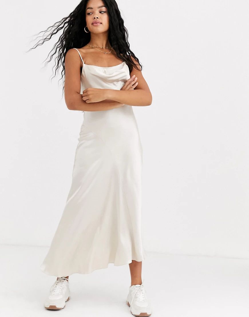 Miss Selfridge satin maxi slip dress with cowl neck in off white-Beige | ASOS (Global)