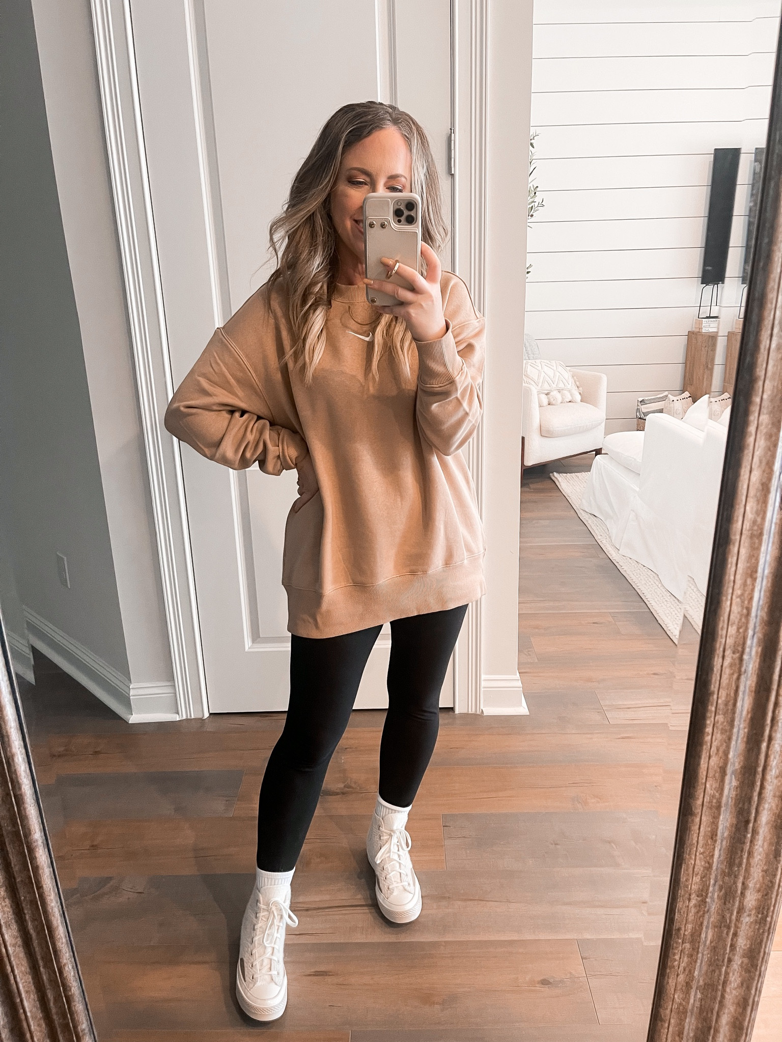 Nike tan sweatshirt size medium (5’2 1/2 130 lbs sized up to a medium) converse Chuck Taylor high socks casual outfit 

#LTKSeasonal