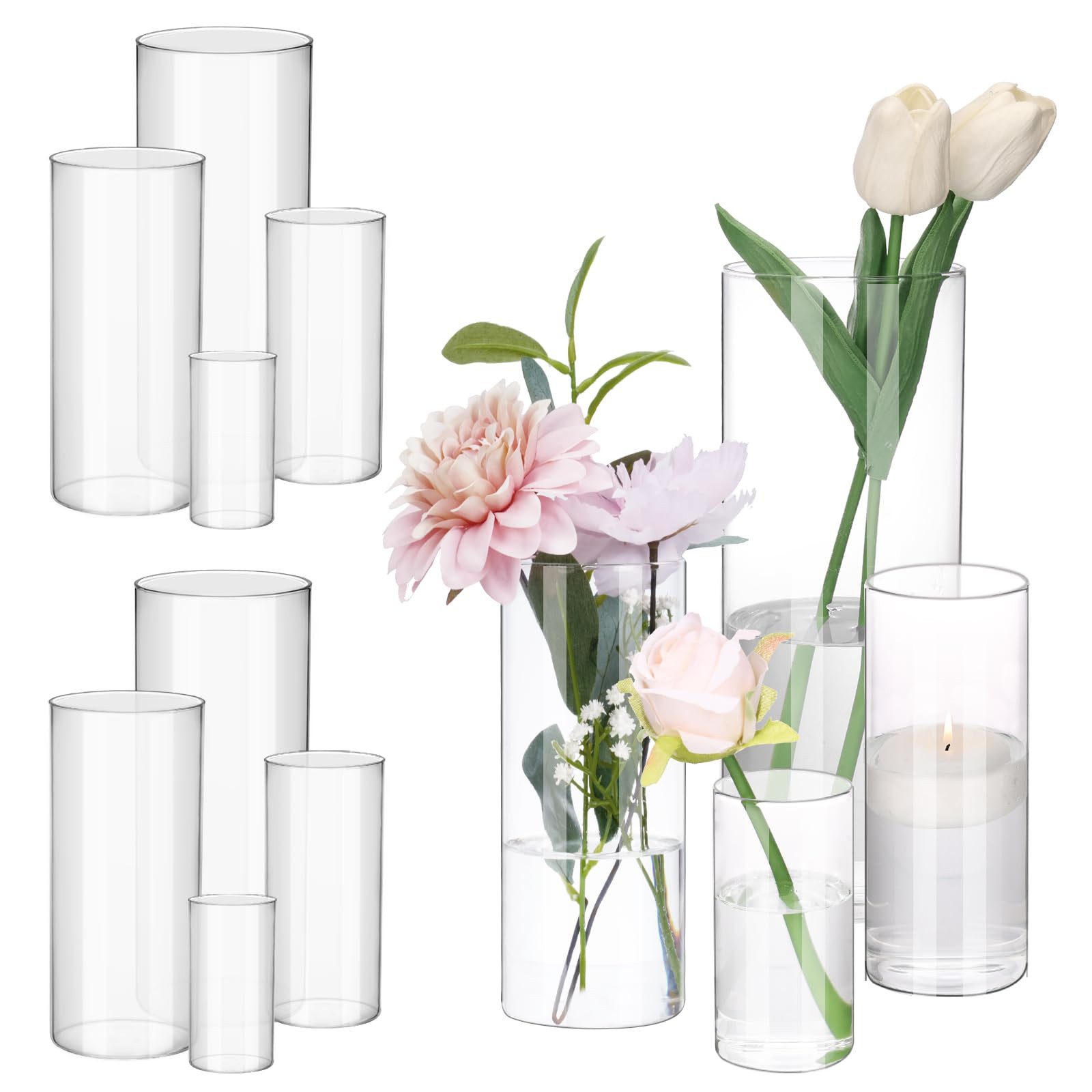 Fixwal 12pcs Clear Glass Cylinder Vases, 4, 6, 8, 10 Inch Tall Cylinder Vases for Centerpieces, G... | Amazon (US)