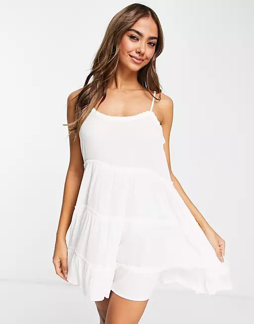 Miss Selfridge texture tiered slip dress in ivory | ASOS (Global)