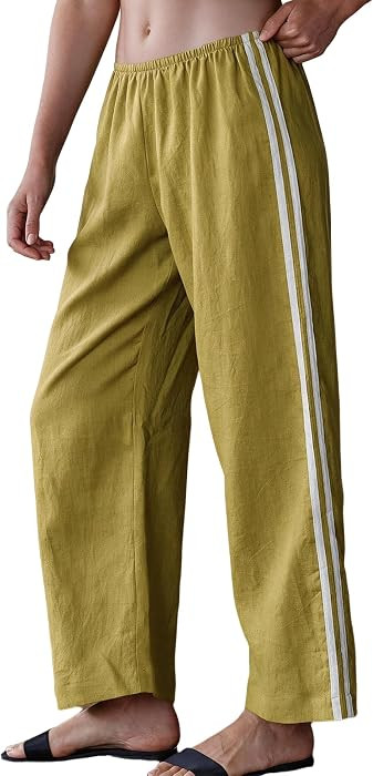 Womens Cropped Striped Linen Pants Summer Casual Wide Leg Pants Elastic Waist Beach Vacation Lounge Trousers | Amazon (US)