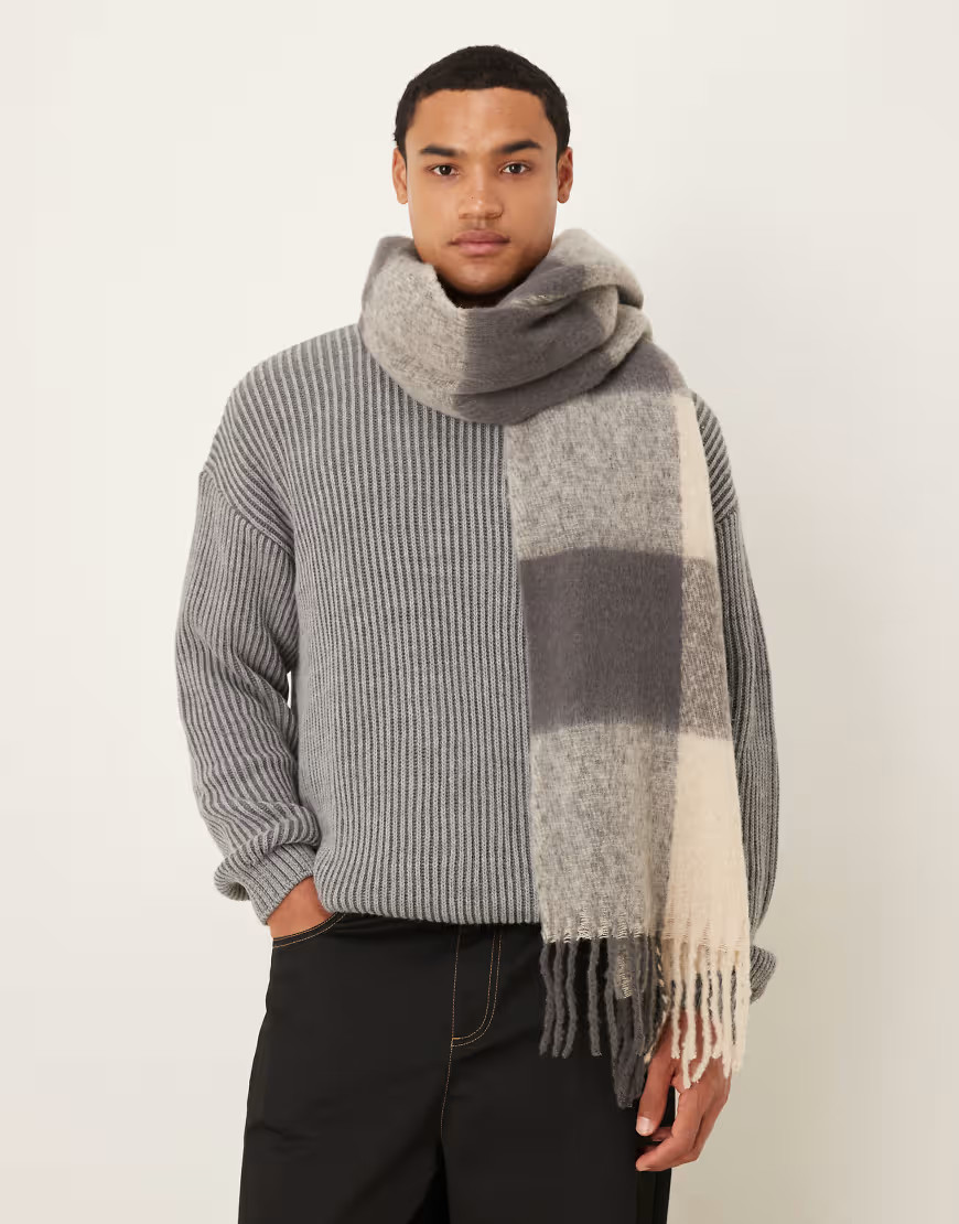 ASOS DESIGN woven oversized check scarf in gray | ASOS (Global)