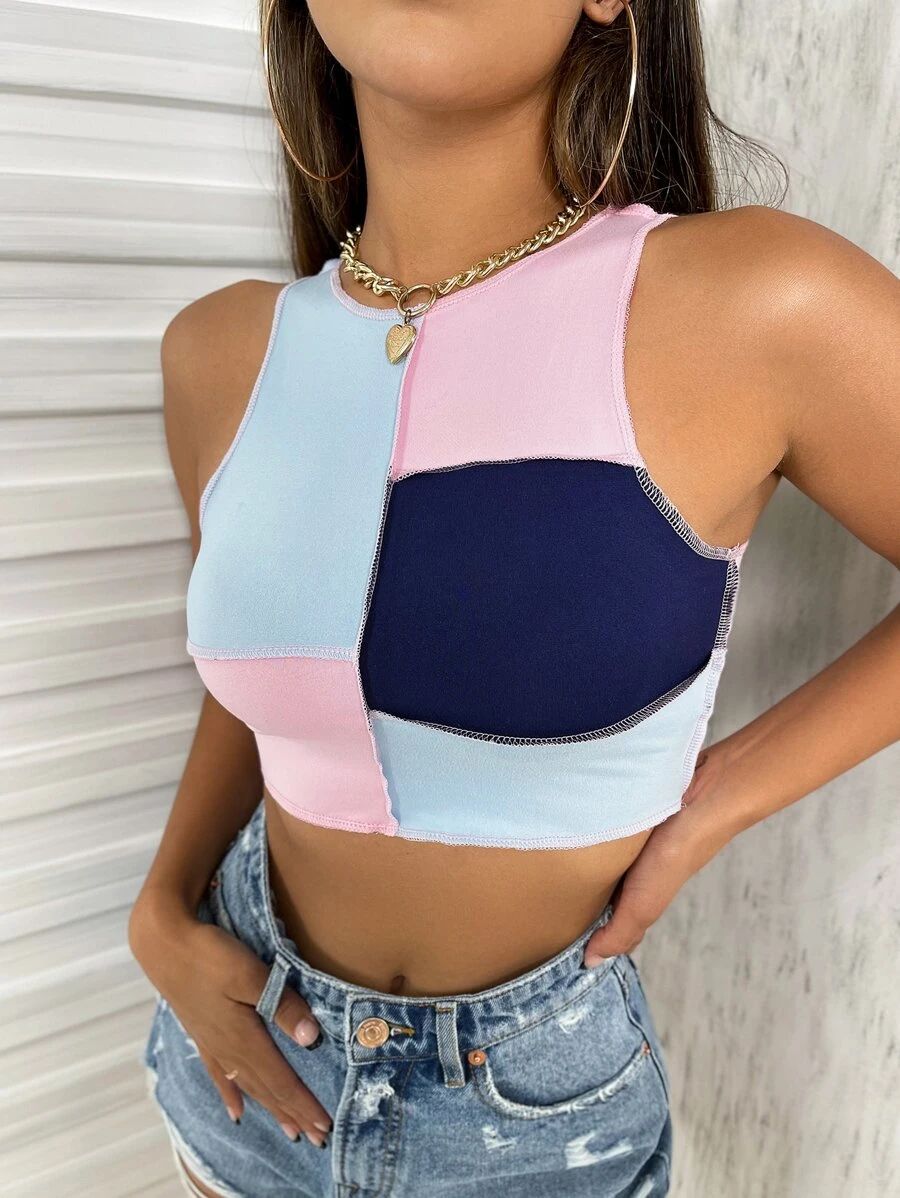 Round Neck Colorblock Stitch Trim Tank Crop Top | SHEIN