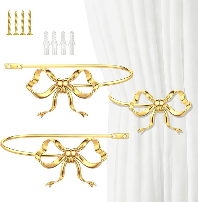 2 Pack Metal Bow Curtain Holdbacks Gold Wall Mounted Curtain Hold Backs Curtains Modern Tiebacks ... | Amazon (US)