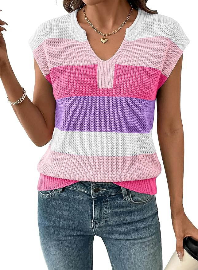SHEWIN Womens Summer Tops V Neck Short Sleeve Sweater Striped Color Block Pullover Cap Sleeve Shi... | Amazon (US)