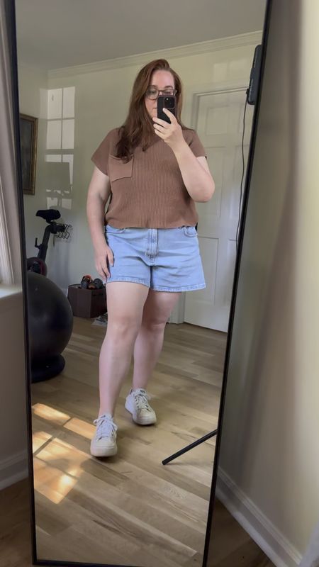 Comfy cap sleeve sweater and denim shorts outfit with my favorite sneakers. The sweater is from a two piece Amazon set that’s less than $50! I’ve had a lot of wear out of those pieces. Wearing size XXL and a 34 for the shorts, but they’re loose  

#LTKFindsUnder50 #LTKStyleTip #LTKMidsize