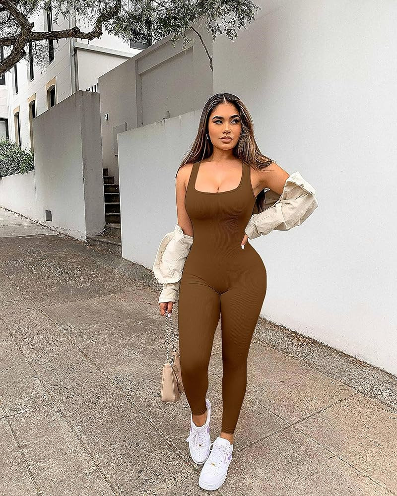 Women Workout Seamless Jumpsuit Yoga Ribbed Bodycon One Piece Tank Top Leggings Romper | Amazon (US)