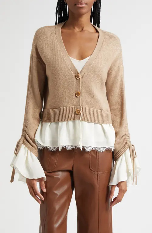 Cinq à Sept Atley Lace Trim Mixed Media Cardigan in Cappuccino/Ivory at Nordstrom, Size Large | Nordstrom