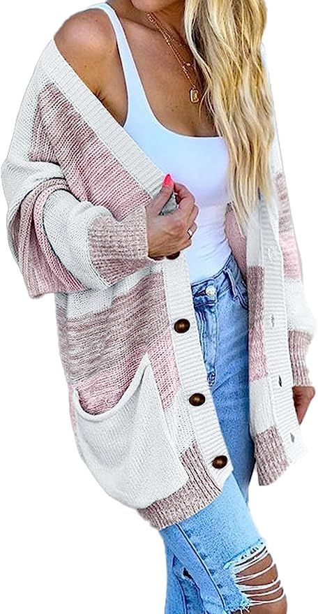 PRETTYGARDEN Women's Color Block Cardigan Long Sleeve Open Front Button Down Knit Sweater Coat wi... | Amazon (US)