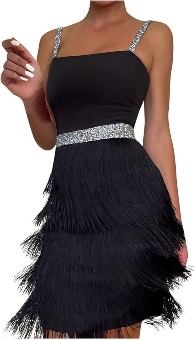 Oplxuo Cocktail Dresses for Women Sexy Deep V-Neck All-Over Fringe Spaghetti Straps Dress Sequins... | Amazon (US)