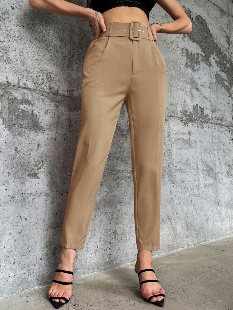 Solid Belted Tapered Pants | SHEIN