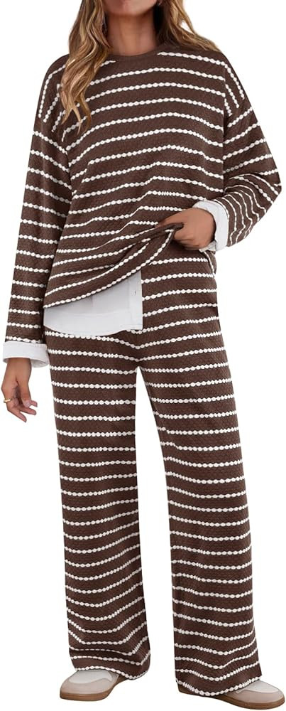 MEROKEETY Women's Two Piece Sweater Sets Trendy Striped Long Sleeve Top Wide Leg Pants Matching O... | Amazon (US)