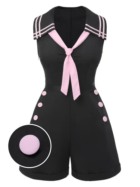 [Pre-Sale] Black & Pink 1950s Solid Tie Lapel Romper | Retro Stage