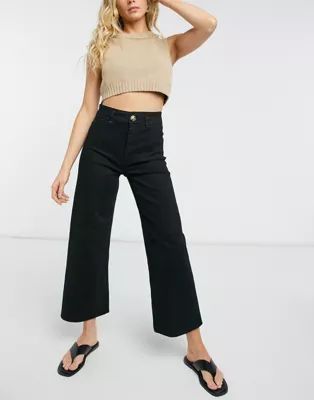 Stradivarius organic cotton cropped wide leg jeans in black | ASOS (Global)