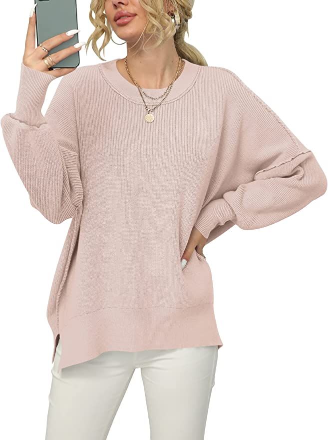 ANRABESS Women Crewneck Batwing Sleeve Oversized Side Slit Ribbed Knit Pullover Sweater Top | Amazon (US)