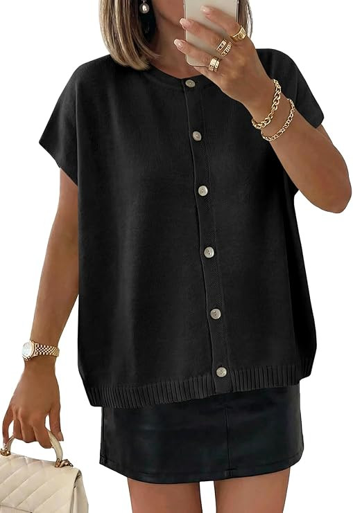 Saodimallsu Womens Oversized Cardigans Summer Short Sleeve Lightweight Knit Button Down Crew Neck... | Amazon (US)