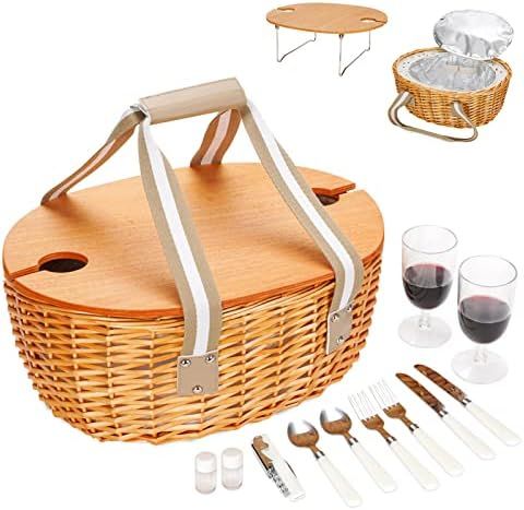 STBoo Wicker Picnic Basket for 2 with Large Insulated Cooler Compartment and Folding Table, Cutle... | Amazon (US)