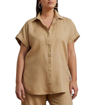 Plus Size Point Collar Short Double-Rolled Cuff Button Front Linen Shirt | Dillard's