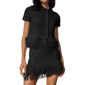 Fisoew Womens 2 Piece Crochet Outfits Short Sleeve Button Knit Sweater Tops Fringe Skirt Summer V... | Amazon (US)