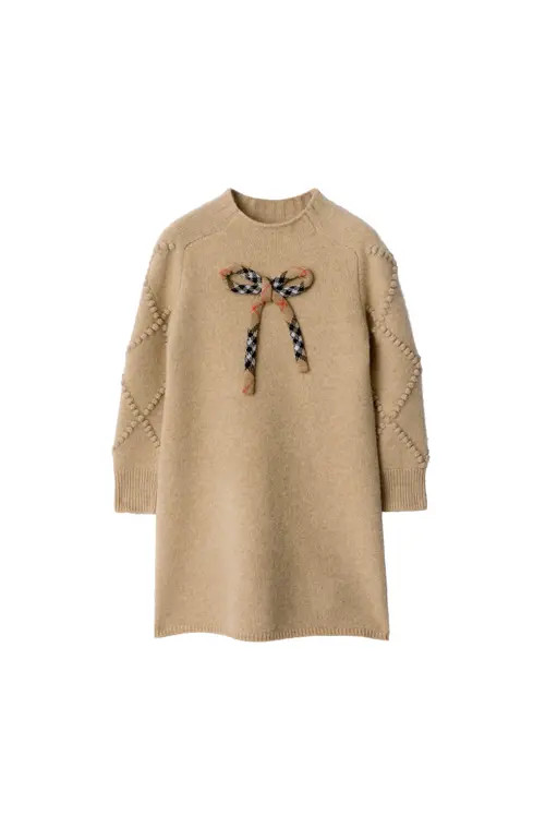 burberry Check Bow Wool Cashmere Dress in Oatmeal Melange at Nordstrom, Size 8 | Nordstrom