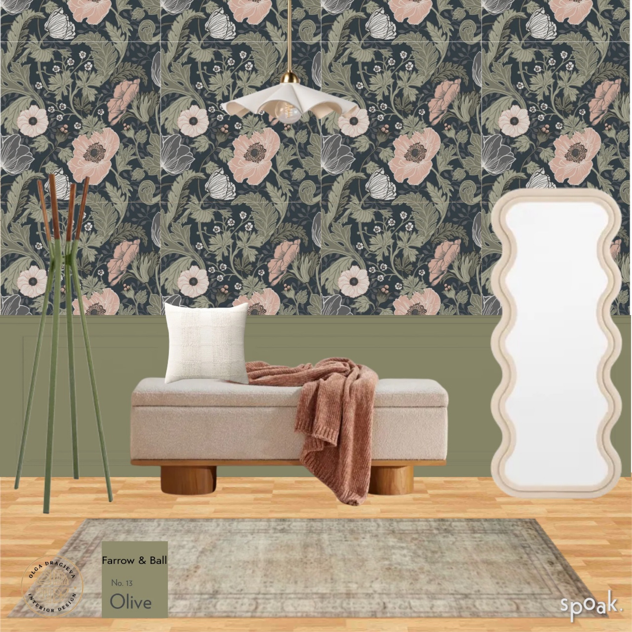 A beautiful entryway with flower wallpaper from Wayfair, a gorgeous light pendant from Mitzi, wavy mirror, a coat rock from Blu dot, Farrow & Ball Olive paint and a storage bench from West Elm. 

#LTKhome #LTKstyletip #LTKSeasonal