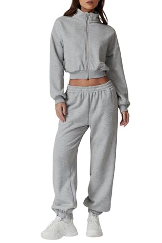 QINSEN 2 Piece Oversized Sweatsuit for Women Fleece Standard Collar Coat Baggy Sweatpants Lounge Matching Sets Grey S | Amazon (US)