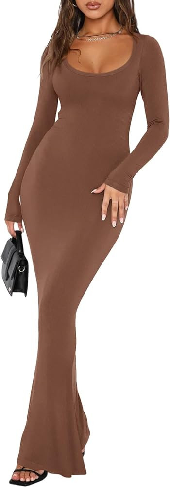 REORIA Womens Sexy Square Neck Long Sleeve Soft Lounge Long Dress Fall Casual Ribbed Bodycon Maxi... | Amazon (US)
