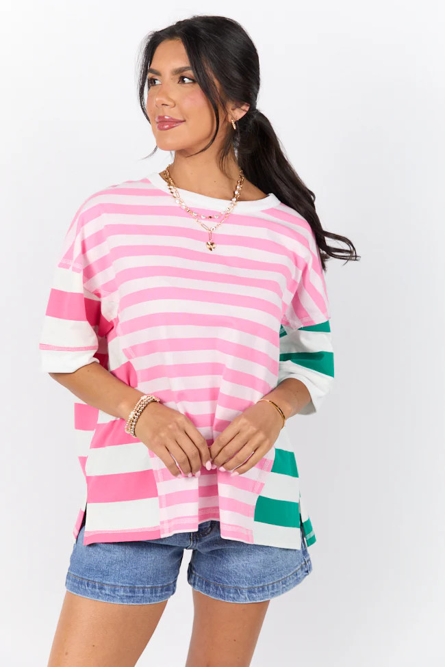 Destined For More Pink and Green Multi Color Block Striped Knit Tee | Pink Lily