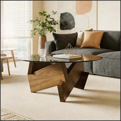 Modern Round Coffee Table for Living Room, 27.5" x 27.5" x 12.2" Mid Century Center Table with Tempered Glass Top and Wood, Walnut | Wayfair North America