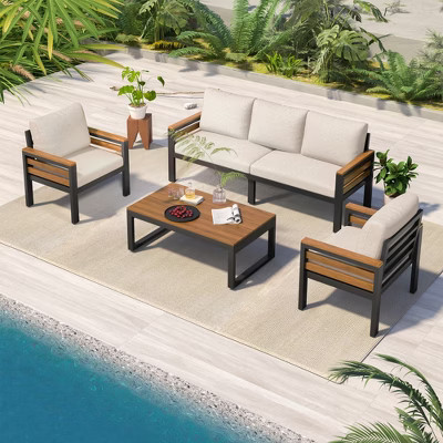 TIRAMISUBEST 4-Piece Outdoor Sofa Set for 5 People with Acacia Wood Armrests,Patio Conversation Set with Removable Cushion and Coffee Table for Garden | Target