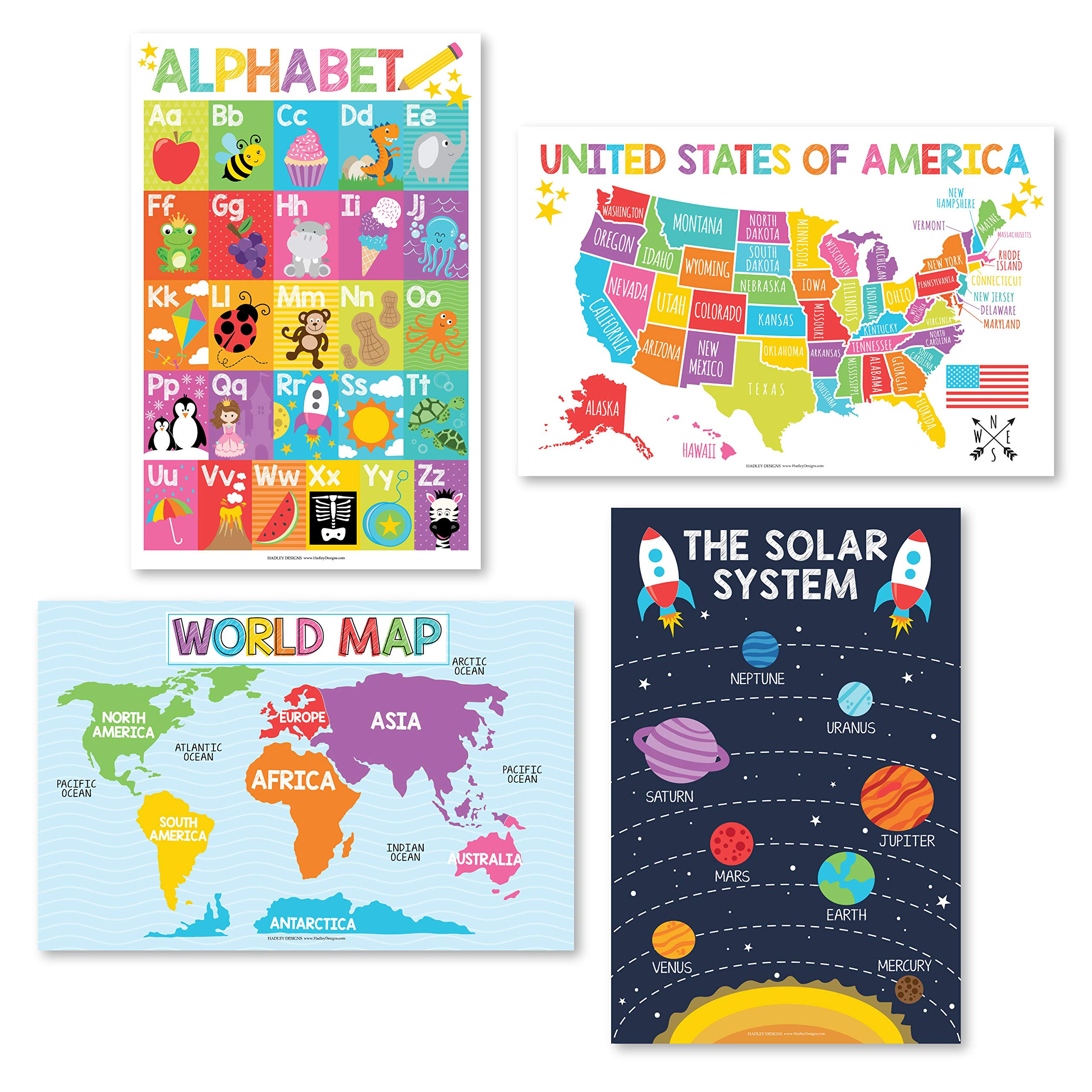 4 Alphabet, Map of United States, World Map, & Solar System Posters - Laminated ABC Charts for To... | Amazon (US)