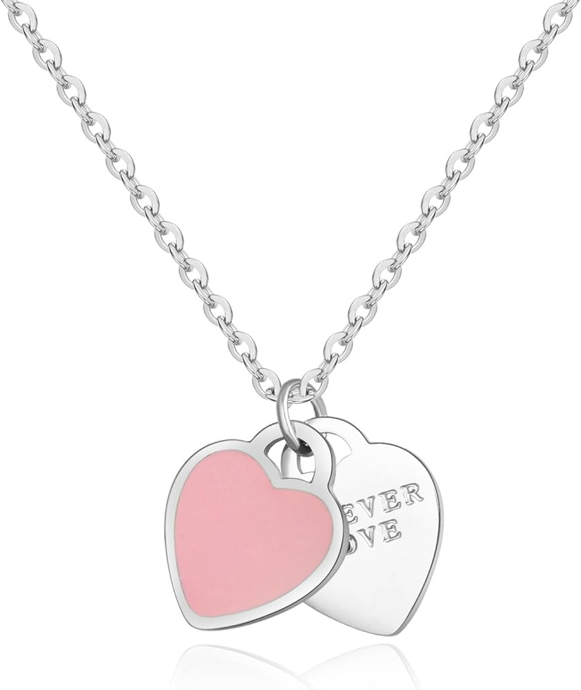 Double Heart Silver Necklace, Cute Dainty Love Pendant Necklaces for Women | Amazon (US)