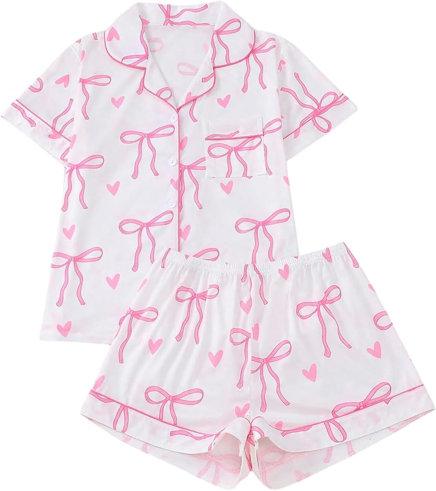 WDIRARA Women's 2 Piece Bow Print Pajama Set Short Sleeve Button Down Lounge Shorts Sleepwear Set... | Amazon (US)