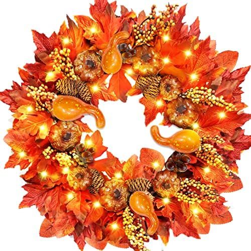 [Timer] 20 Inch 30 LED Prelit Thick Fall Front Door Wreath Thanksgiving Decorations 3 Styles 97 M... | Amazon (US)