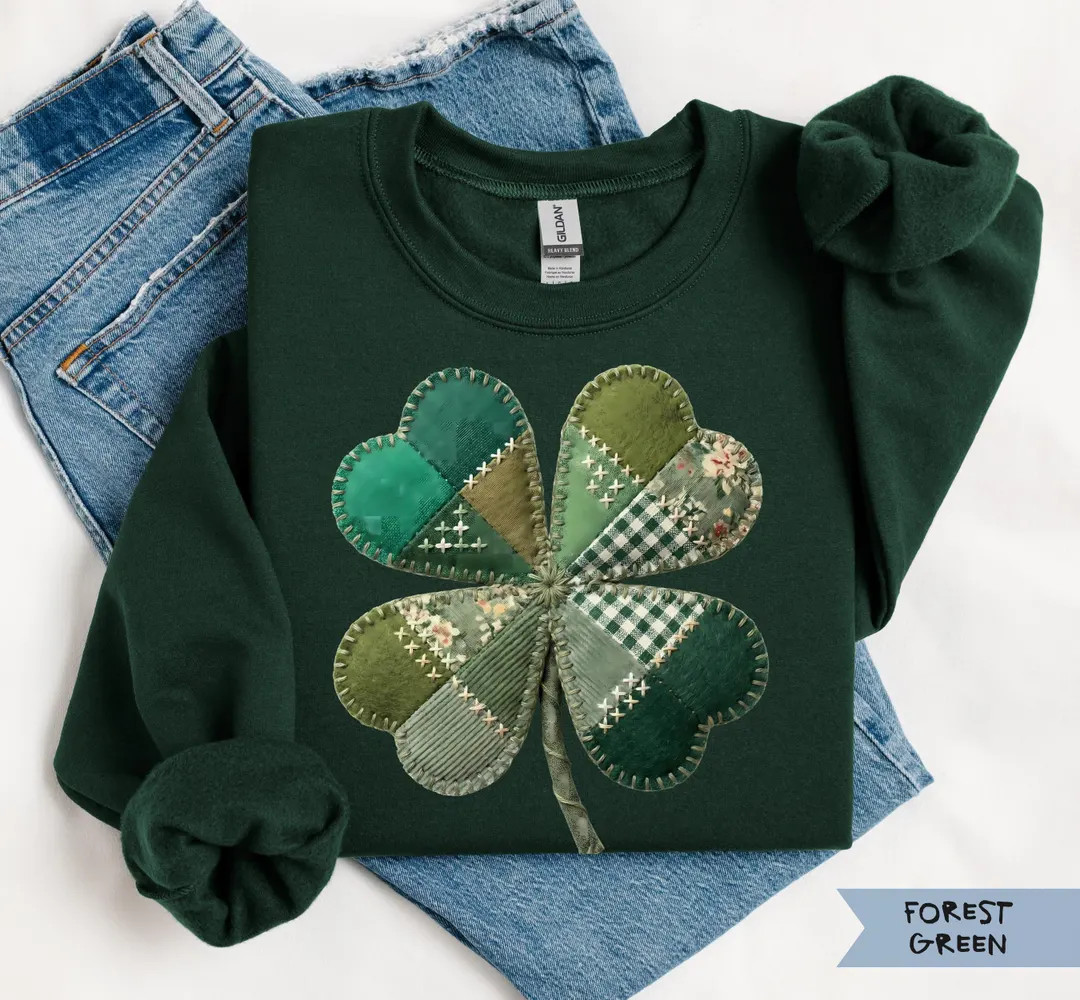 Faux Patchwork St Patrick's Day Shamrock Sweatshirt Grandmillennial Quilted Four Leaf Clover Shir... | Etsy (US)