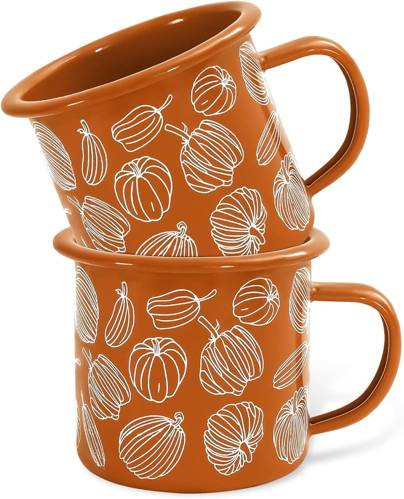Whaline 2Pcs Fall Mini Coffee Mugs 12oz Hello Pumpkin Enamel Cup with Handle Orange Autumn Pumpki... | Amazon (US)