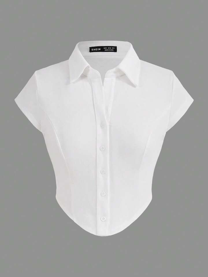 SHEIN EZwear Solid Button Front Curved Hem Shirt | SHEIN