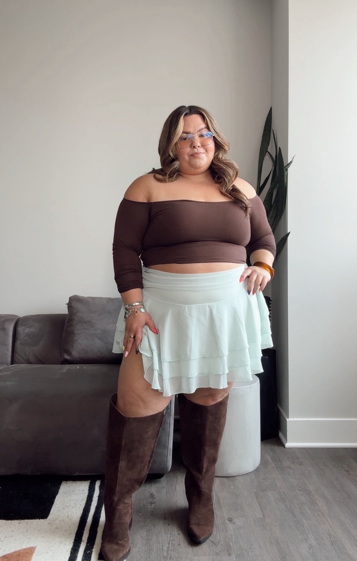 plus size summer to fall transition outfit 
• extra wide calf boots: Dolce Vita (LAUNCHES 9/3) 
• Y2K plus size ruffle skirt: Pretty Little Thing size 20
• off the shoulder brami: Klassy size 3X 
• Vintage Coach bag 
• blue light eyeglasses from H&M 

#LTKMidsize #LTKPlusSize #LTKPetite