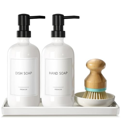GMISUN Kitchen Soap Dispenser Set, 16 Oz Hand and Dish Soap Dispenser with Ceramic Tray & Bamboo Dish Brush, 2 Pack White Glass Liquid Pump Bottle, Modern Farmhouse Refillable Dish Soap Bottle | Amazon (US)