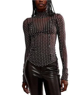 Charlie Mesh Dotted Print Mock Neck Long Sleeve Top | Dillard's
